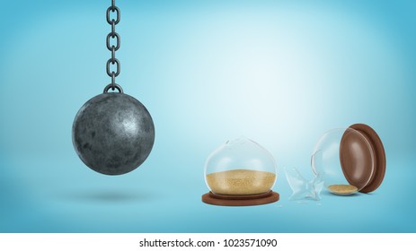 3d rendering of a broken retro hourglass lying in halves with sand still inside near a hanging wrecking ball. Time wasters. Loss of time. Schedule for success.