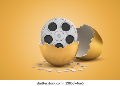 3d Rendering Of Broken In Two Golden Egg With Retro Film Reel Inside On Light Ocher Background. Movie Industry. Cinema News. Latest Releases.