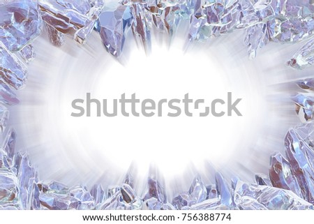 3D Rendering, Broken violet crystal Ice Wall with Hole and Place For Your Text isolated on white background. With light ray effect