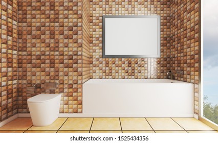 3D Rendering. Brown Mosaic On The Walls. Large Bathroom. Panoramic Window On The Background Of The Metropolis. Shower With Glass Door. Cabinet Furniture With Washbasin.. Mockup.   Empty Paintings