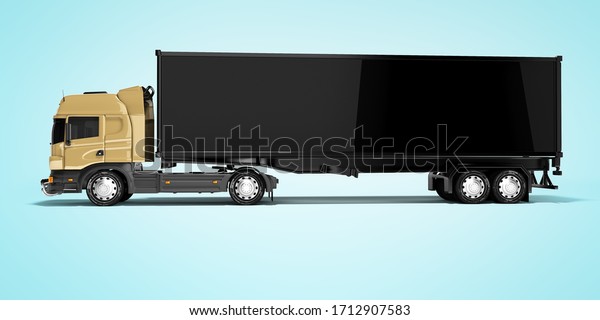 3D\
rendering brown road freight dump truck with black semi trailer\
side view isolated on blue background with\
shadow