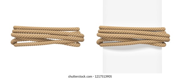 3d rendering of brown rope bound around a wide white post and around empty space. Tight rope. Keeping together. Holding material.