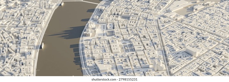 3D rendering of the Budapest city plan. 3D illustration of an aerial view of Budapest, Hungary.

**For the reviewers: This is the result of a 3D program called Blender. This is not AI work.