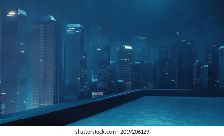 3D Rendering Of Building Deck In Mega Cyberpunk Style City Surrounding With Many Skyscraper Towers. For Business Technology Product Background, Wallpaper