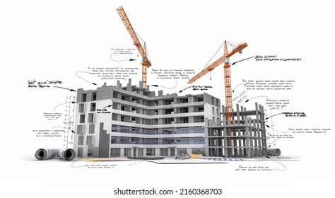 3D Rendering Of A Building Under Construction With Handwritten Technical Details In Dummy Text For Illustration Purposes