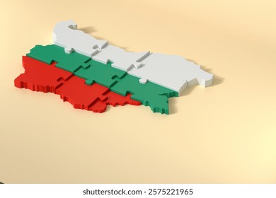 3d rendering of Bulgaria puzzle map with Bulgarian flag colors on beige background with copy space