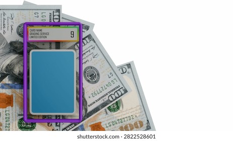 A 3d rendering of bumpered Mint 9 graded card slab over US hundred-dollar bills. The high financial value, market liquidity, and investment of professionally authenticated collectibles.