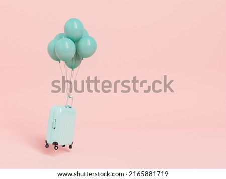 3D rendering of bunch of blue helium balloons tied to hard side suitcase against pink background showing concept of summer vacation and traveling