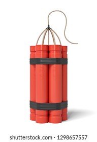 3d rendering of a bundle of dynamite sticks standing upright on a white background. Explore depths of Earth. Explosive works. Dynamite supplies. Ilustración de stock