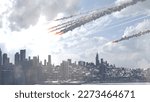 3d rendering, Burning Asteroids or Rockets Above New York city,Aerial

Cinematic view of New york city with meteors above
