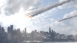 Rendu 3d, Burning Asteroids Ou Rockets Surplombant New York,Aérien

Vue Cinématographique De La Ville De New York Avec Des Météorites Au-dessus
