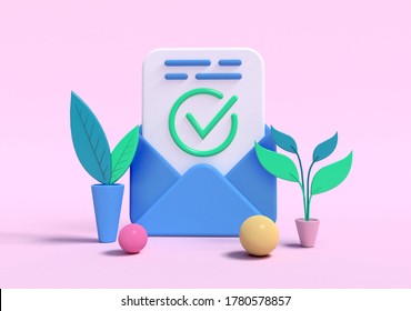 3d rendering, Business e-mail. Open envelope with check mark on sheet of paper. Approved, document accepted, corfirmed, successful subscription. 
