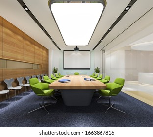 3d Rendering Business Meeting Room On High Rise Office Building With Green Chair