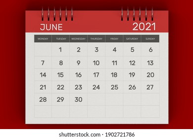 3d rendering of Business monthly calendar with metal spiral-bound, the week starts on Monday. Monthly Pages with red title, isolated on red background. English calendar for June 2021