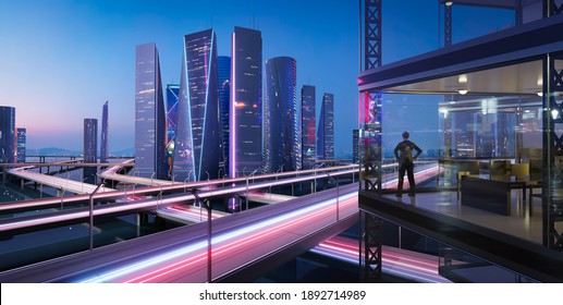 3d rendering businessman stand in office viewing beautiful modern city - Powered by Shutterstock