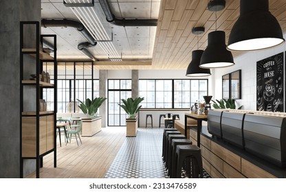 3d rendering of Cafe bar restaurant nobody indoor. Empty coffee shop interior daytime. menu writing on blackboard with beautiful letters and cup.
