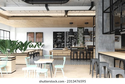 3d rendering of Cafe bar restaurant nobody indoor. Empty coffee shop interior daytime. menu writing on blackboard with beautiful letters and cup.
