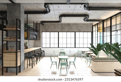 3d rendering of Cafe bar restaurant nobody indoor. Empty coffee shop interior daytime. menu writing on blackboard with beautiful letters and cup.
