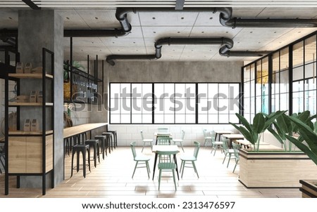 3d rendering of Cafe bar restaurant nobody indoor. Empty coffee shop interior daytime. menu writing on blackboard with beautiful letters and cup.

