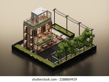 3D Rendering Cafe And Co Working Space In Isometric View Exterior Background