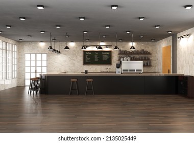 3d Rendering Cafe Interior Or Coffee Shop Inside With Counter Bar And Empty Space