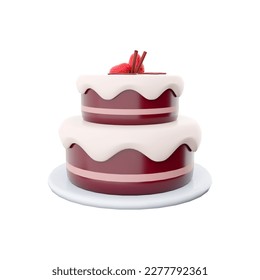3d rendering cake chocolate with red strawberries toppings icon. 3d render two tiered sweet cake icon. Cake chocolate with red strawberries toppings.