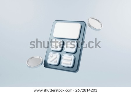 3D rendering of calculator and coins floating in mid-air future finance concept.