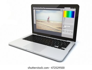 3D rendering of a calendar computer with photo editor on the screen. 