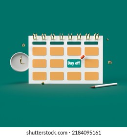 3d rendering of calendar and day off pin on blue background. 3d minimal concept for vacation, holiday and day off note