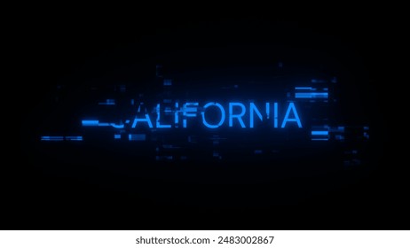 3D rendering California text with screen effects of technological failures. Spectacular screen glitch with various kinds of interference
