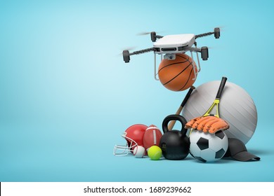 3d Rendering Of Camera Drone Putting Basketball In Pile Of Sports Equipment On Light Blue Background With Copy Space. Sports And Games. Sporting Goods. Professional Equipment.