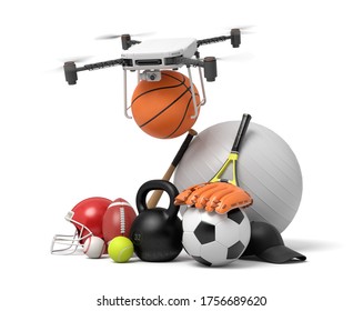 3d Rendering Of Camera Drone Putting Basketball In Pile Of Sports Equipment Isolated On White Background.. Sports And Games. Sporting Goods. Professional Equipment.