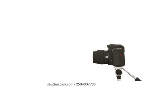 3D rendering of a camera on a tripod with a plain white background. Suitable to place on content with that theme.
