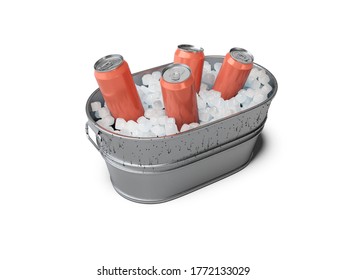 3d Rendering Of Can With Beer In Bucket With Ice For Summer Holidays On White Background With Shadow