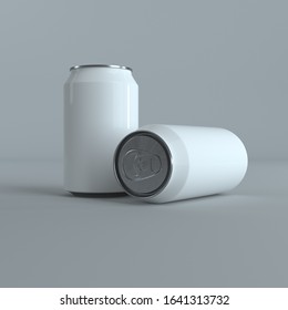 3D Rendering. 3D Can Mockup. Aluminium Beer, Coke And Slim Soda Can Mock Up Blank Template. 3D Rendering. Composition With Two Cans. Isolated White Empty Mockup Models.