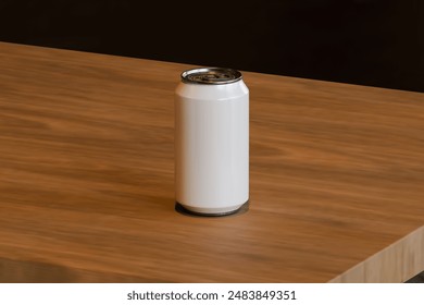 3D rendering of a can of soda on a wooden table, with a white coloured can for the appearance of the product.