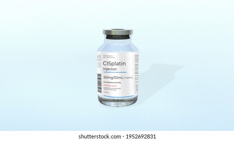 3D Rendering Of Cancer Drugs Vial CISplatin. Injection Medical Vial For Chemotherapy. Drugs For Chemotherapy And Cancer Treatment. Cytotoxic Agent. IV Infusion Drugs.