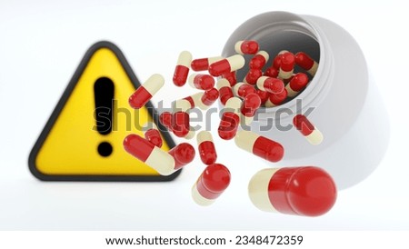 3D rendering of capsule pill out of a bottle with an exclamation mark on white background, Dangerous drugs to health, chemical, expired medications, drug allergies concept