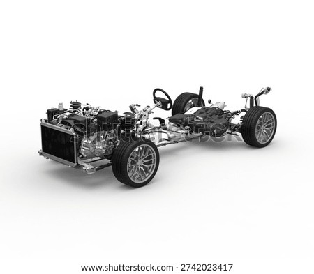 High‑quality 3D rendering of a car chassis with exposed mechanical components, including the engine, manual transmission system, suspension, steering mechanism, exhaust system, and wheels. The image showcases the internal structure and engineering layout of a vehicle, highlighting detailed automotive parts and mechanical design. Ideal for educational materials, automotive engineering projects, technical manuals, and industry presentations.