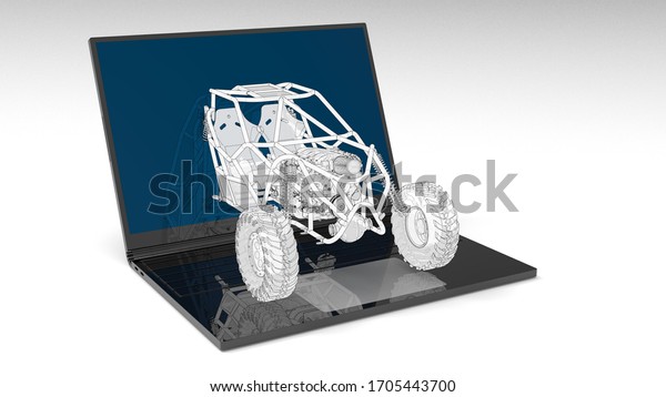 3D rendering - car chassis stepping out from\
laptop screen
