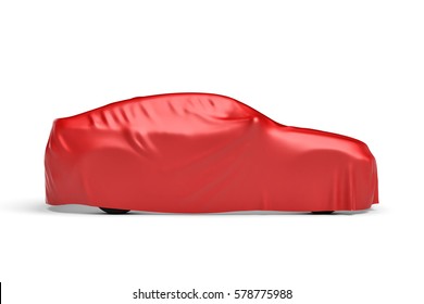 3d rendering of a car covered by red cloth. Ads and promotion. Marketing campaigns. Opening shows.