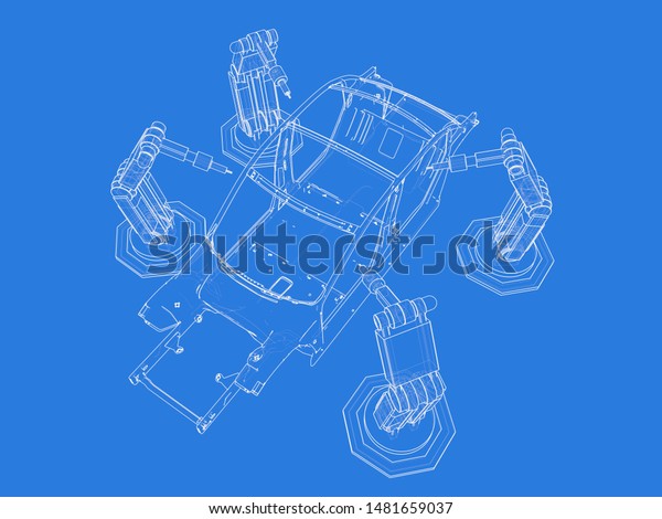 3D\
rendering: car frame and robotic arms as\
blueprint