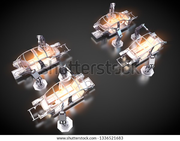 3D rendering: car\
frames and robotic\
arms