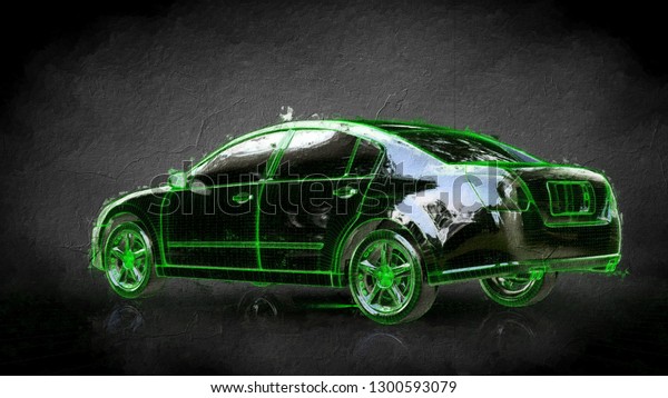 3d rendering of a car with green outlined
stroke on a balck
background