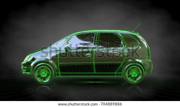3d rendering of a car with green outlined\
stroke on a balck\
background