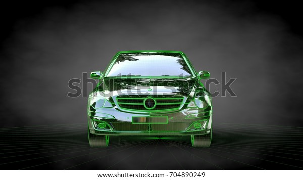 3d rendering of a car with green outlined\
stroke on a balck\
background