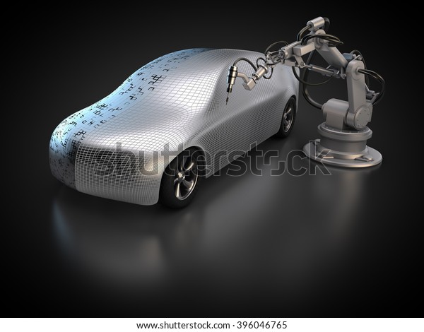 3D rendering of a carbody and industrial\
robot\
Car manufacturing is in\
progress.