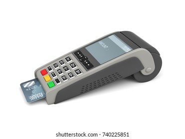 3d Rendering Of A Card Payment Terminal With A Sticking Plastic Card Inside On White Background. POS Terminals. Payment Processing. Merchant Services.