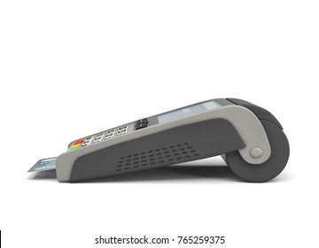 3d Rendering Of A Card Payment Terminal With A Sticking Plastic Card Inside On White Background. POS Terminals. Payment Processing. Merchant Services.