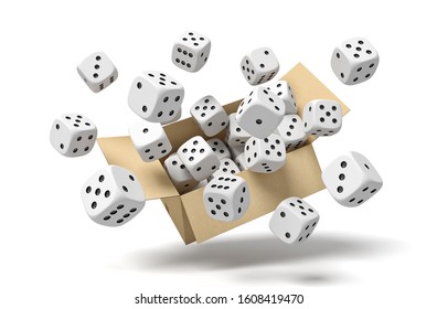 3d Rendering Of Cardboard Box In Air Full Of White Dice With Black Spots Which Are Flying Out And Floating Outside. Probability Calculation. Game Supplies. Retail Sales.